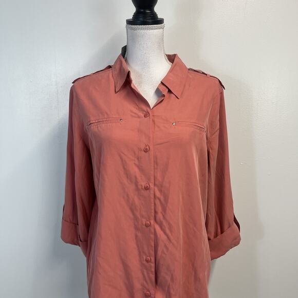 Chico's Shirt Blouse sz 10 12/2 Santa Fe Coral Secret Silk Career Casual Pockets - Picture 2 of 8